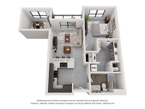 Floor plan for 1 bed, 1 bath, 742 sqft